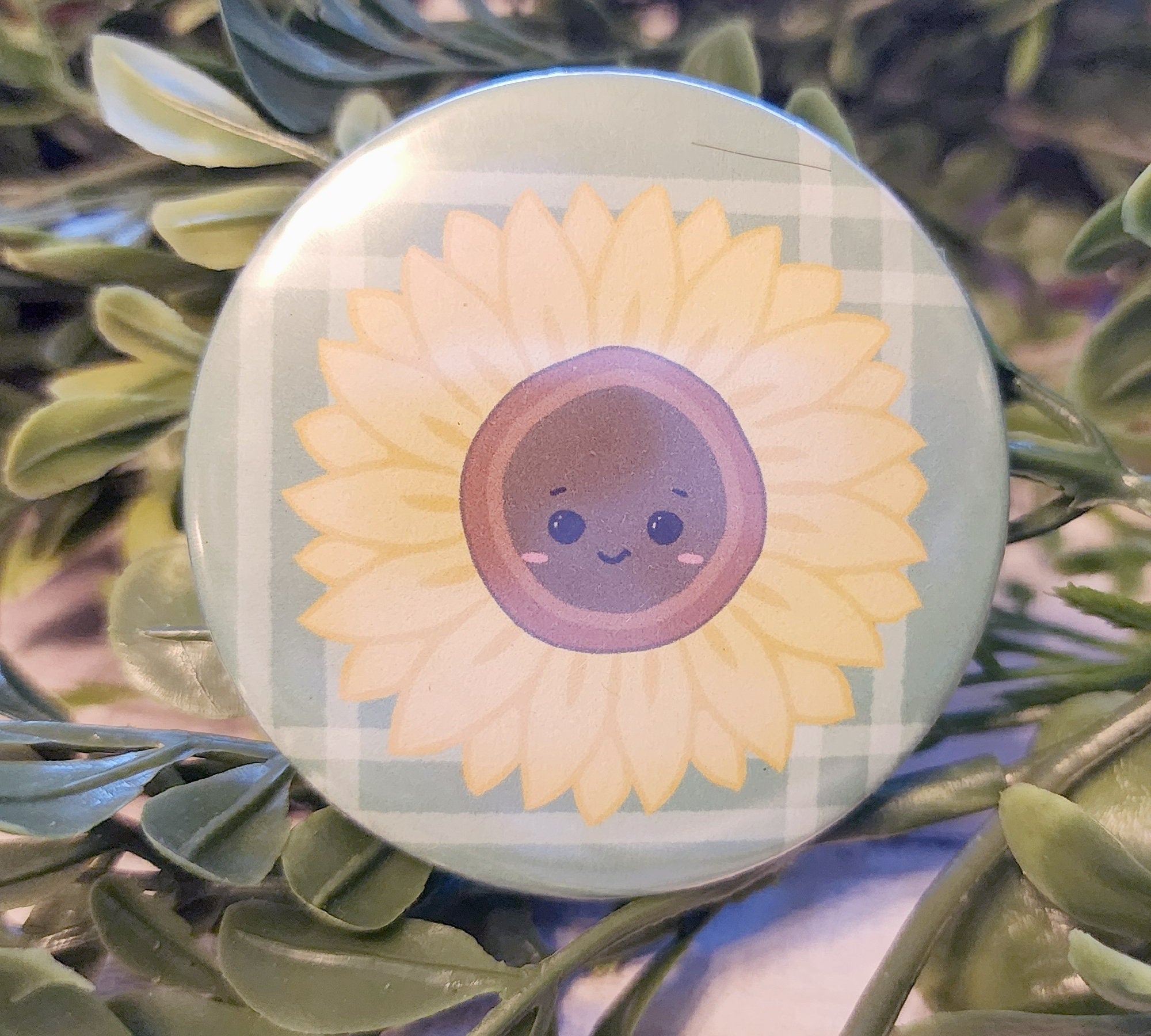 Sunny Sunflower Plaid Cute Cottagecore Button Pin