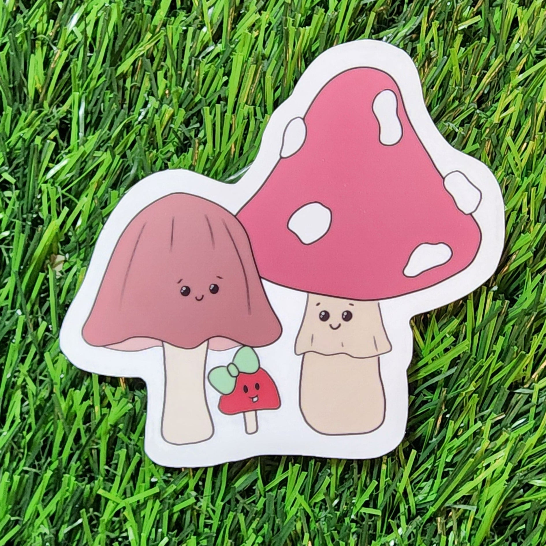 Cartoon mushroom sticker on green grass