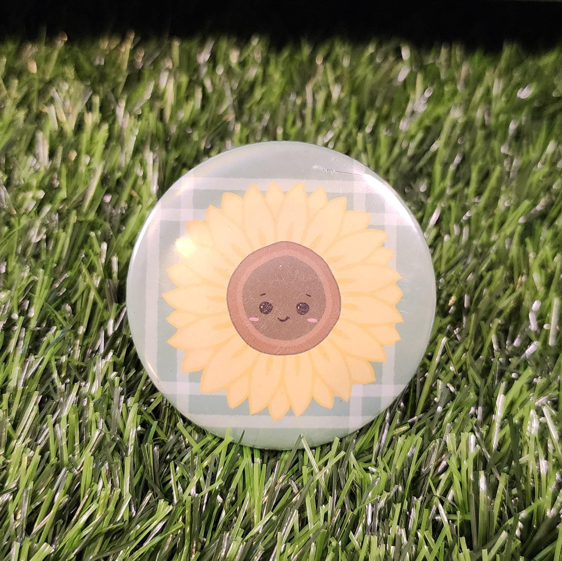 Sunny Sunflower Plaid Cute Cottagecore Button Pin