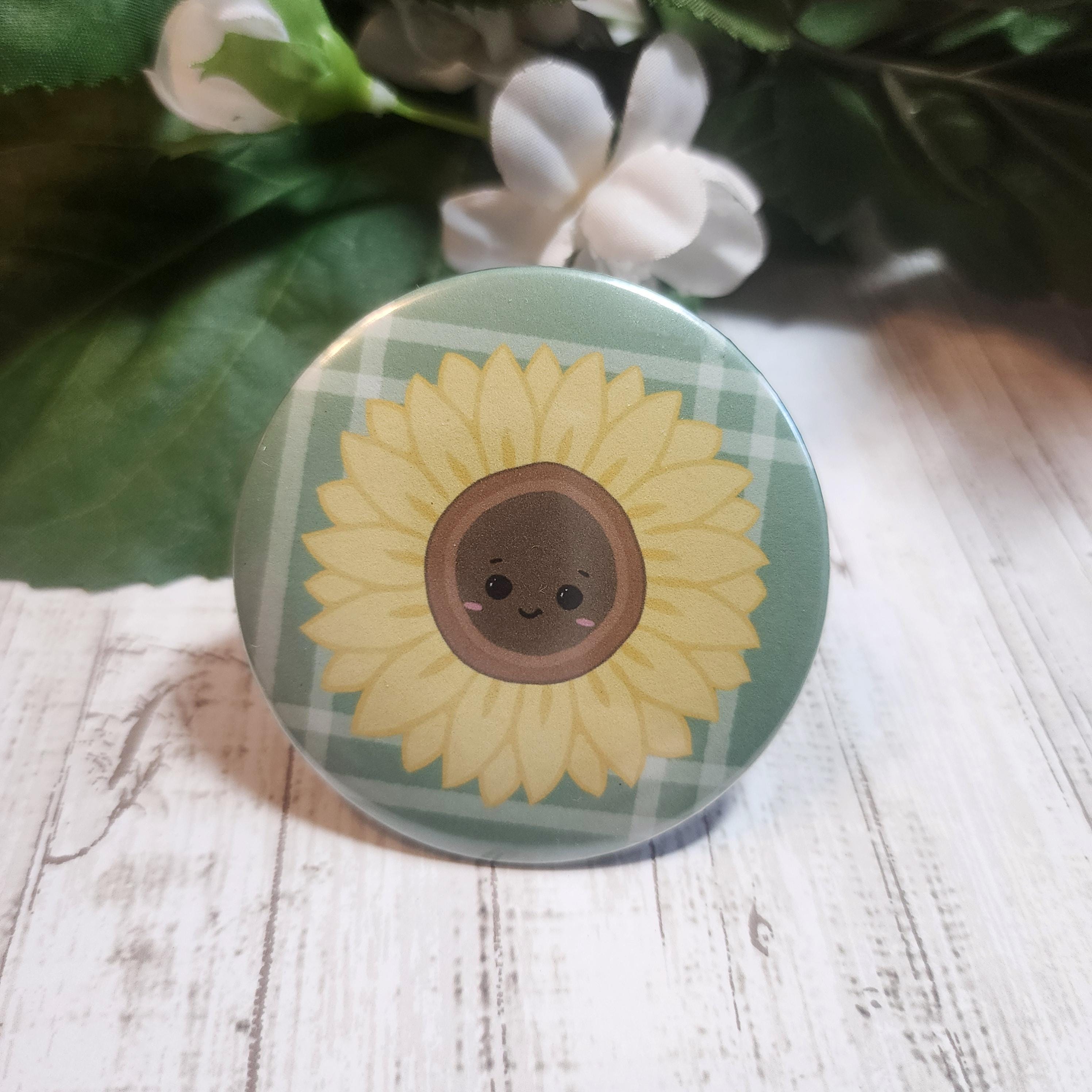 Sunny Sunflower Plaid Cute Cottagecore Button Pin