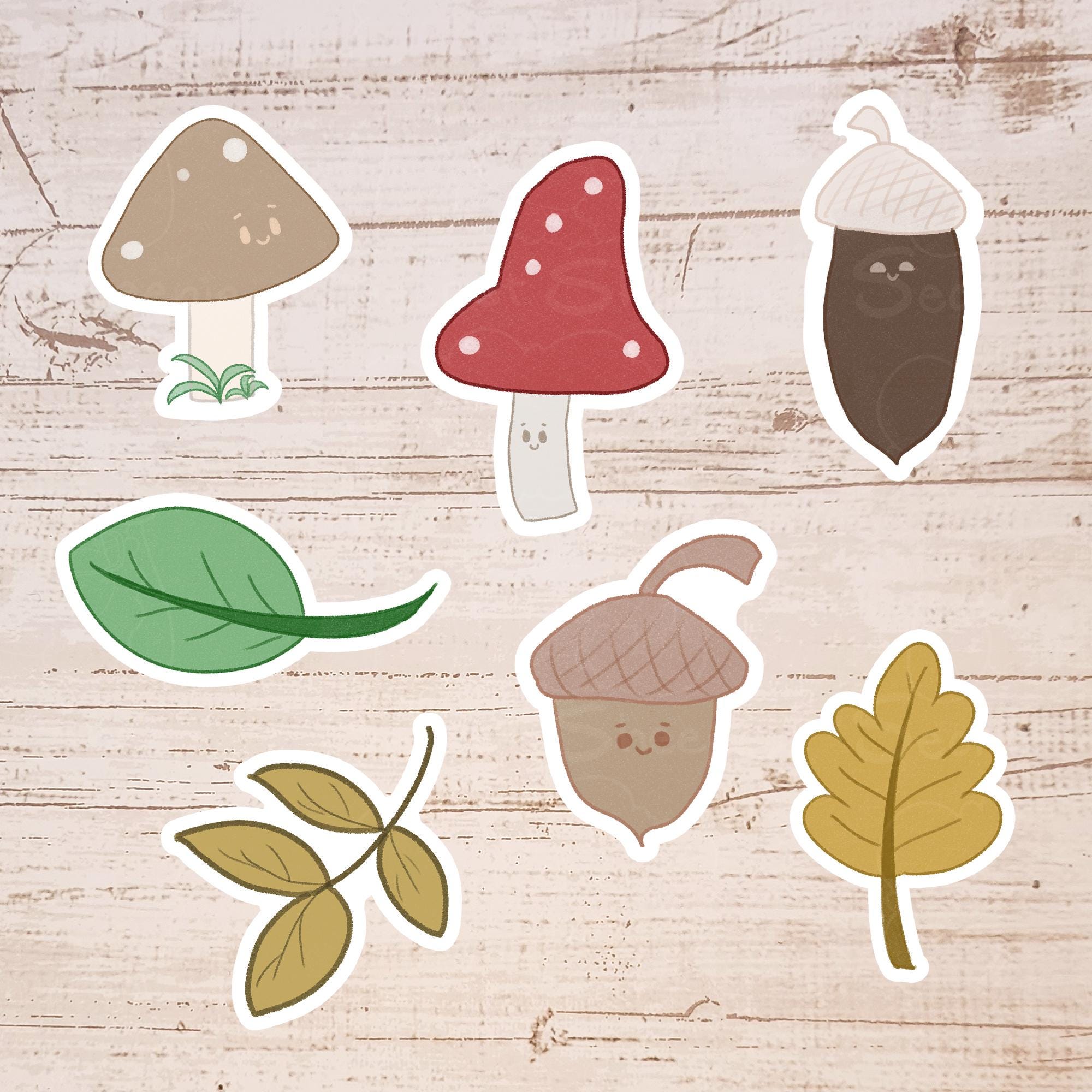 Autumn Forage Sticker Pack: Kawaii Acorns, Mushrooms & Foliage
