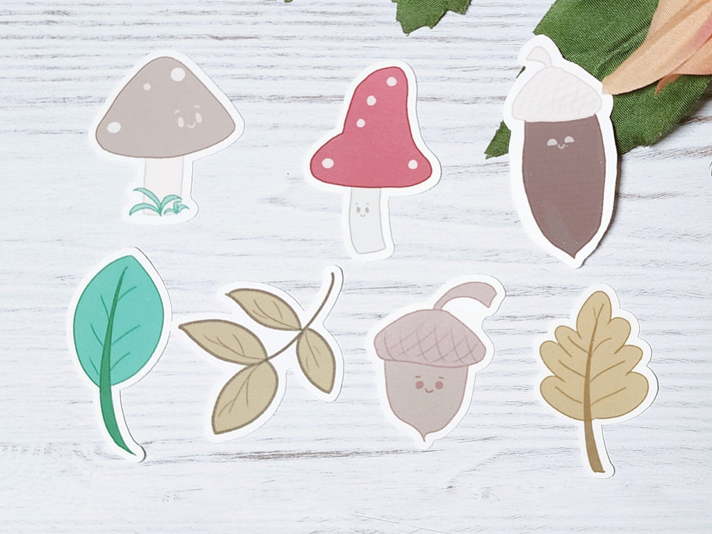 Autumn Forage Sticker Pack: Kawaii Acorns, Mushrooms & Foliage